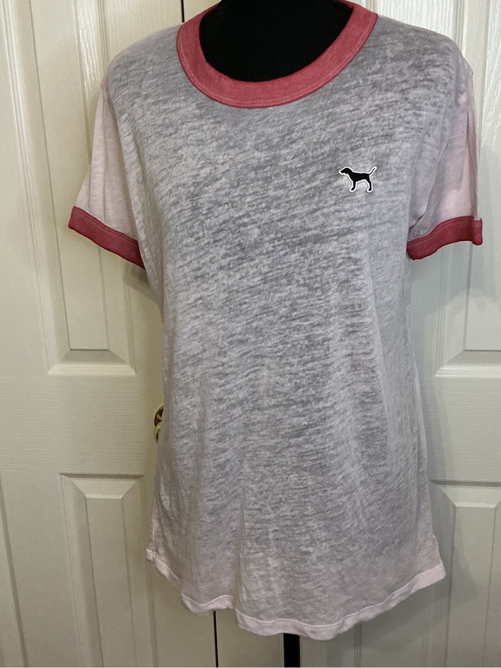 PINK Victoria's Secret White Sheer Ringer Tee with Rose Trim Sz S